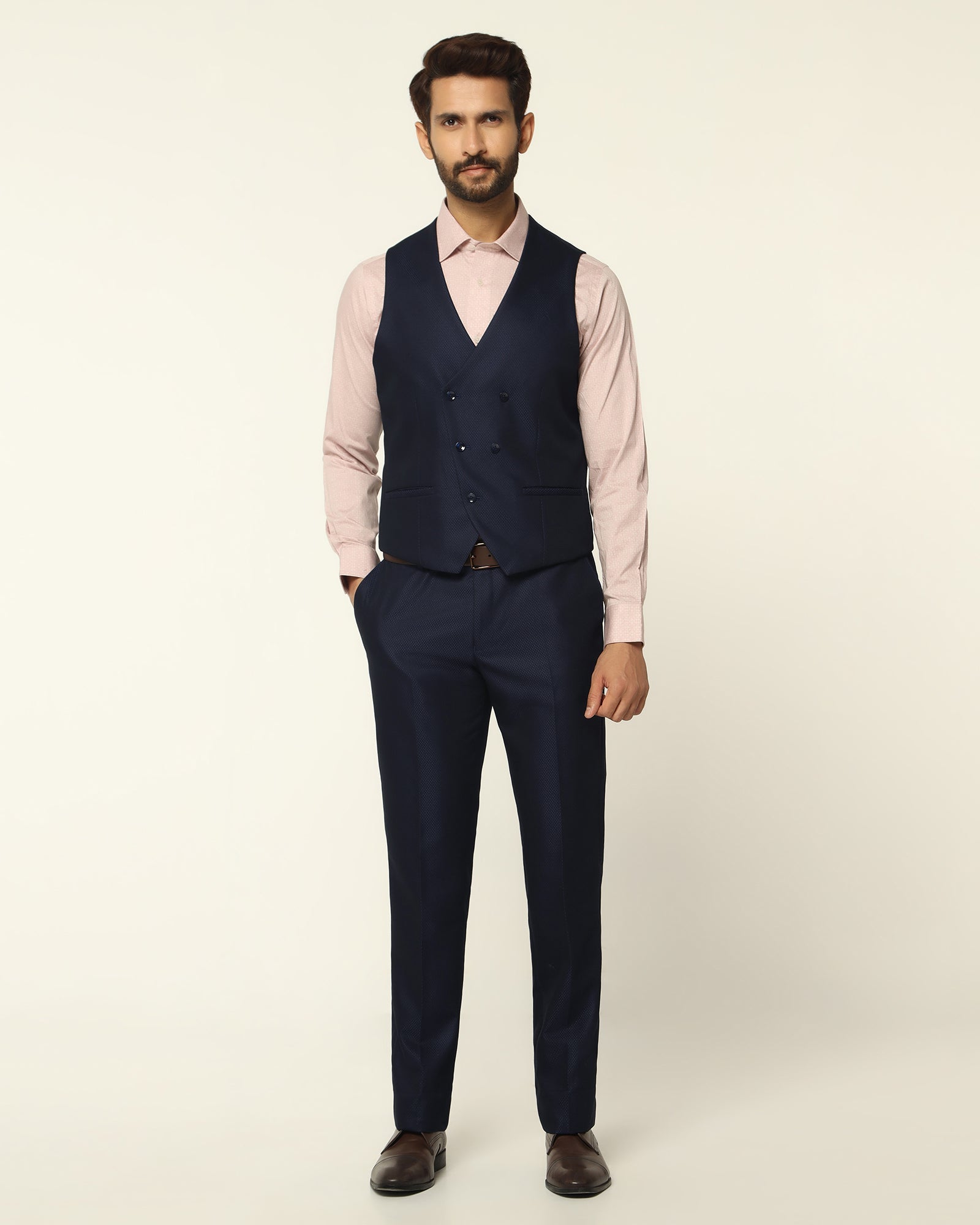 Three Piece Navy Textured Formal Suit - Rayner