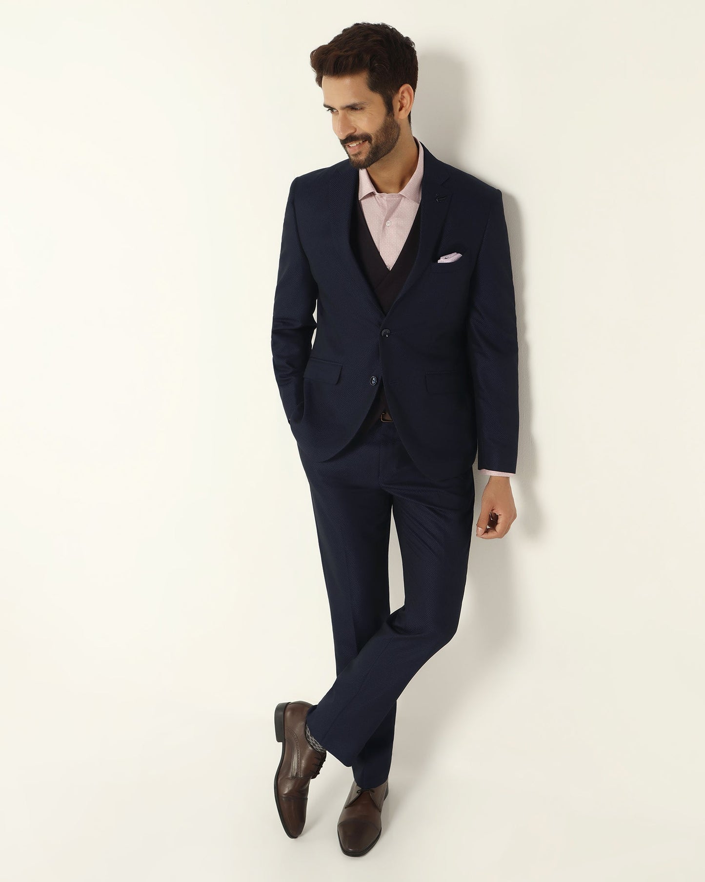 Three Piece Navy Textured Formal Suit - Rayner