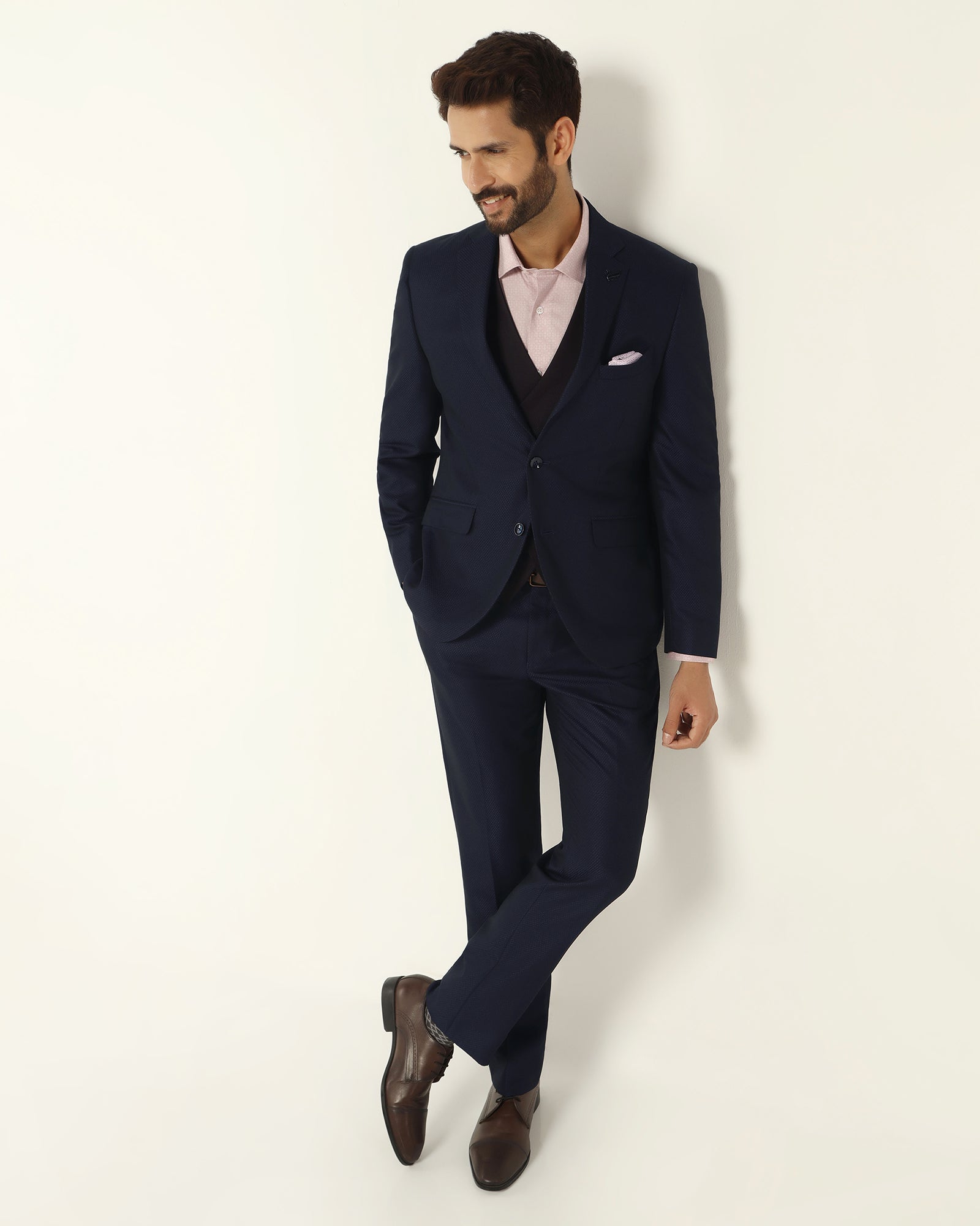 Three Piece Navy Textured Formal Suit - Rayner