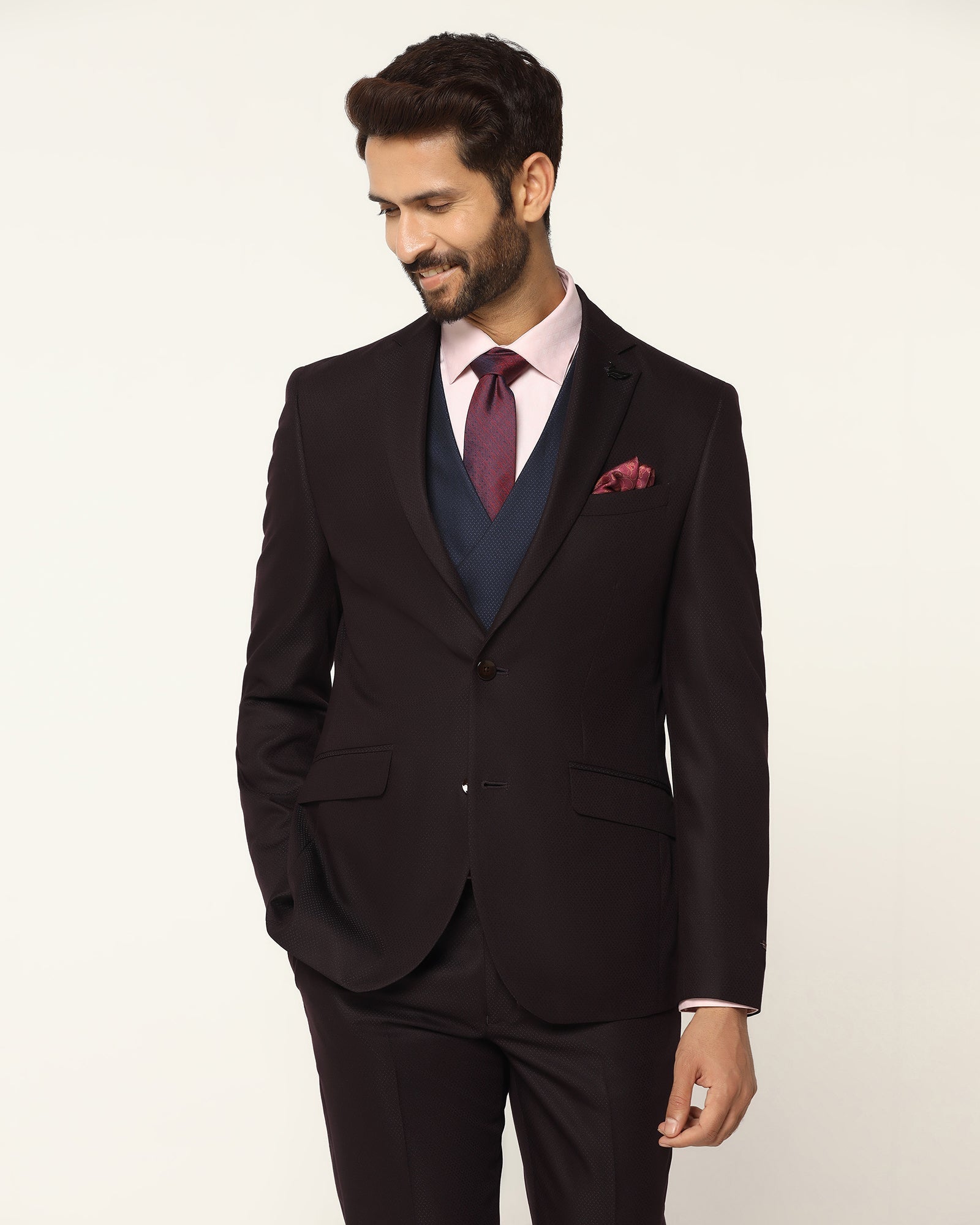 Three Piece Wine Textured Formal Suit - Rayner