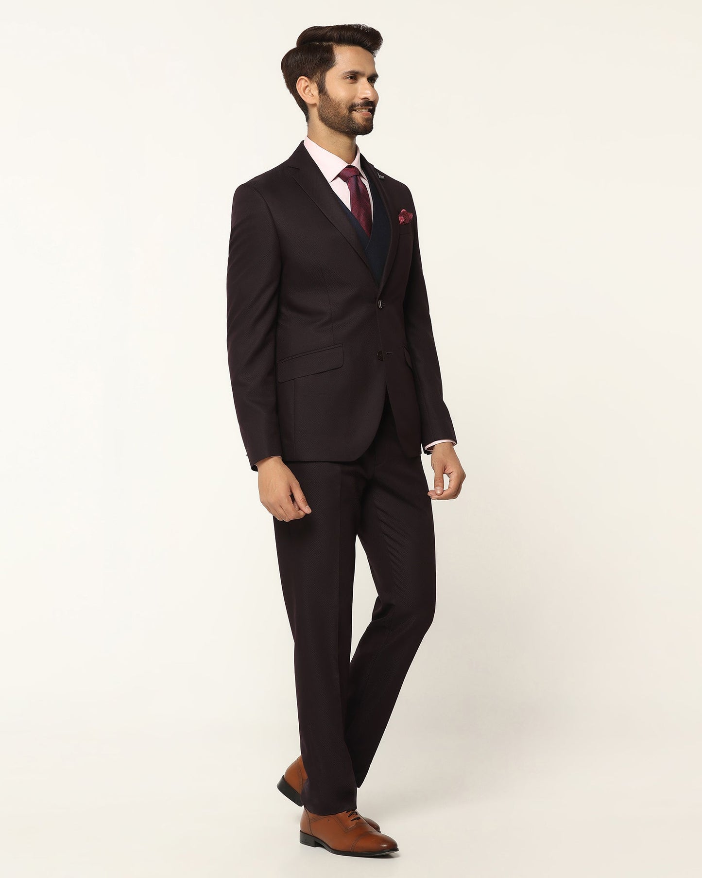 Three Piece Wine Textured Formal Suit - Rayner
