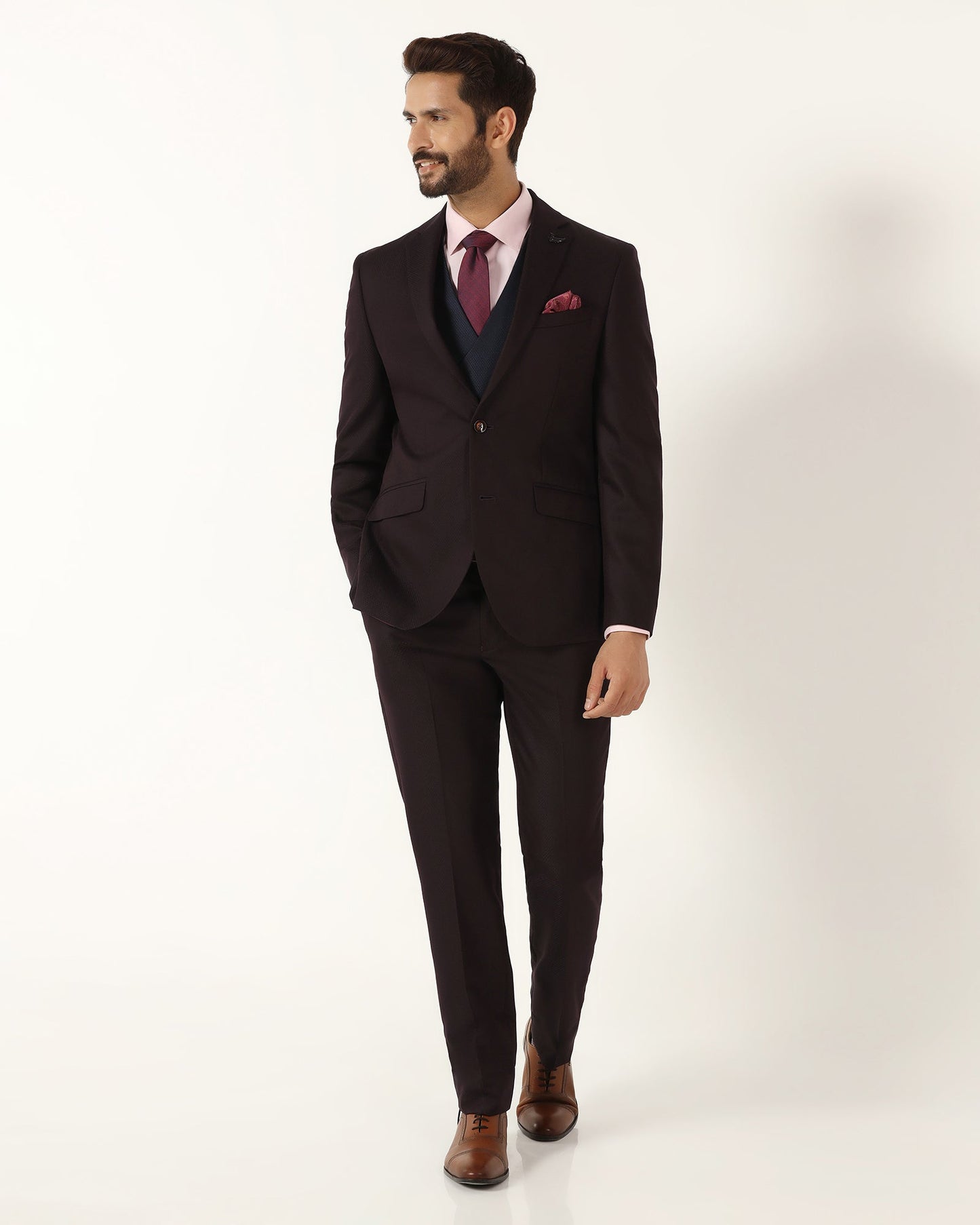 Three Piece Wine Textured Formal Suit - Rayner