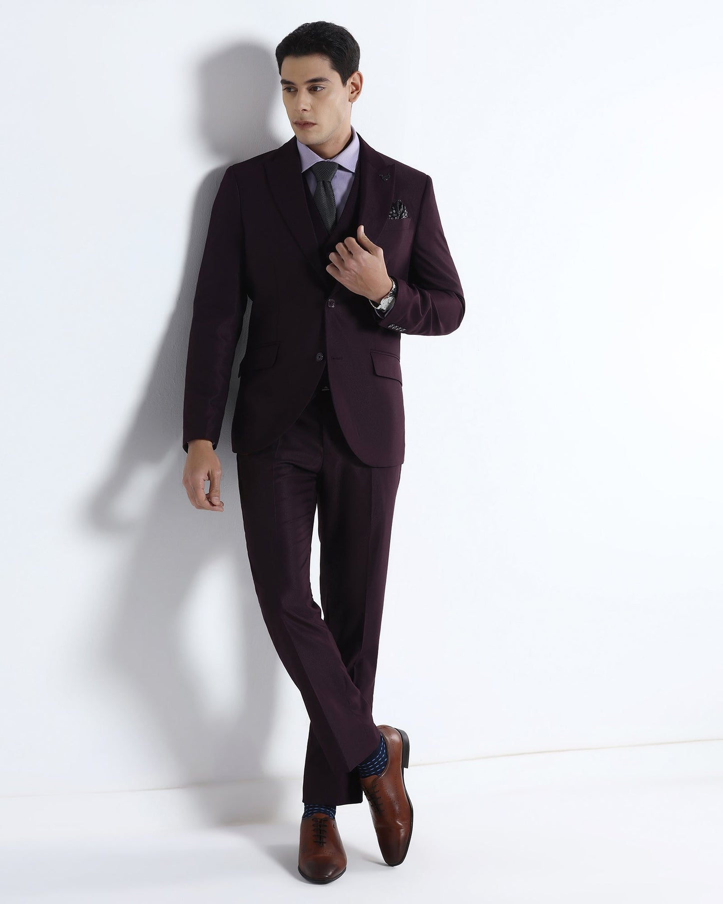 Wine Three Piece Textured Suit - Venmo